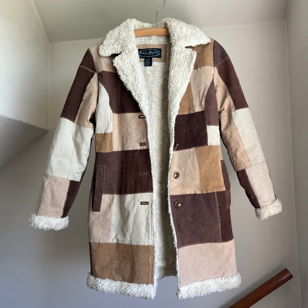 Vintage 90s Patchwork Suede Leather Jacket Trench Coat Brown Boho Penny Lane - Picture 4 of 9